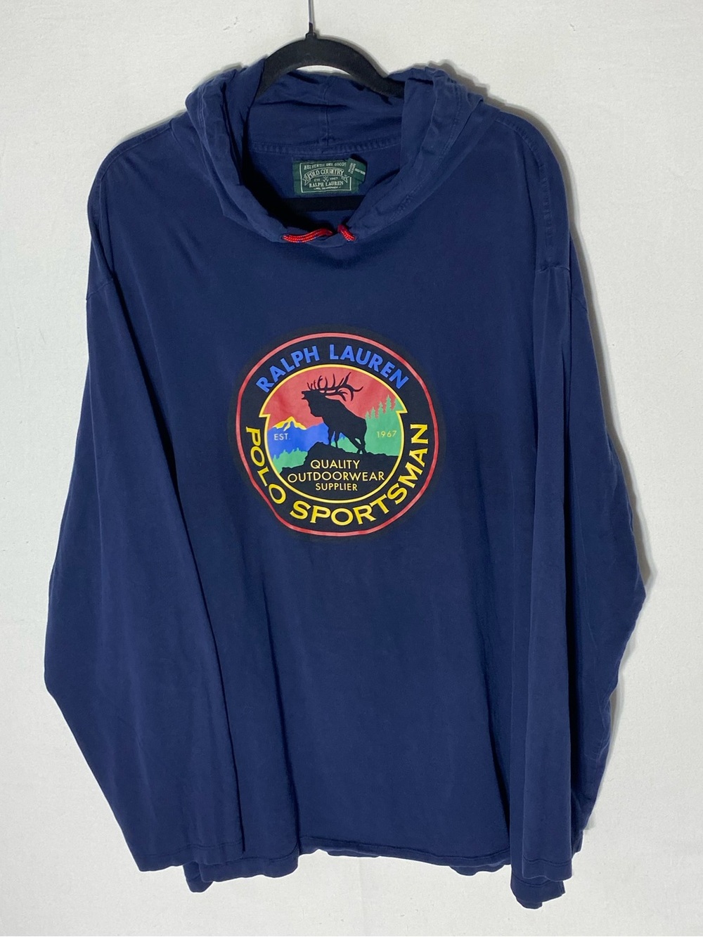 Vintage Ralph Lauren Polo Country Sportsman Navy Hooded Long Sleeve T Shirt 2XB
